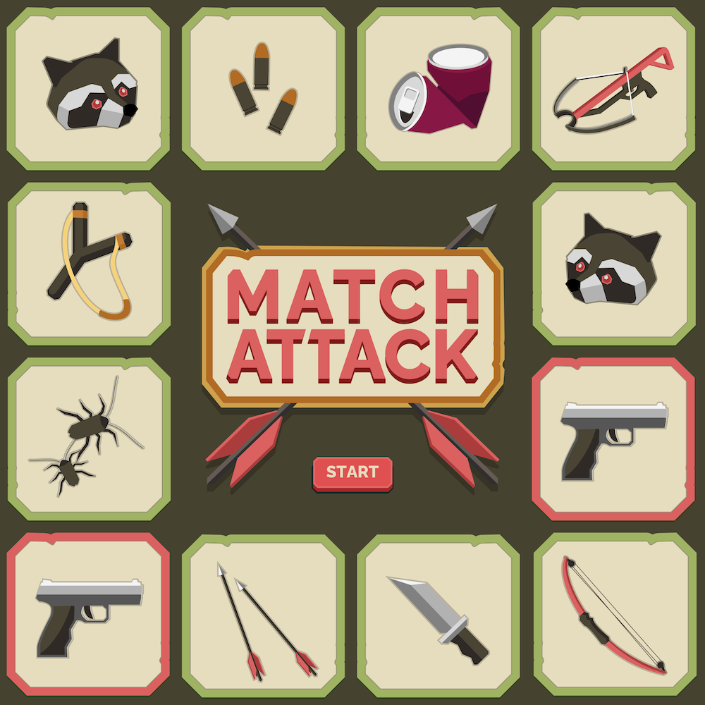 Picture of the logo for Match Attack which is the words Match Attack over two arrows for a bow. Surrounding it are different example of tiles that can be matched in the game.