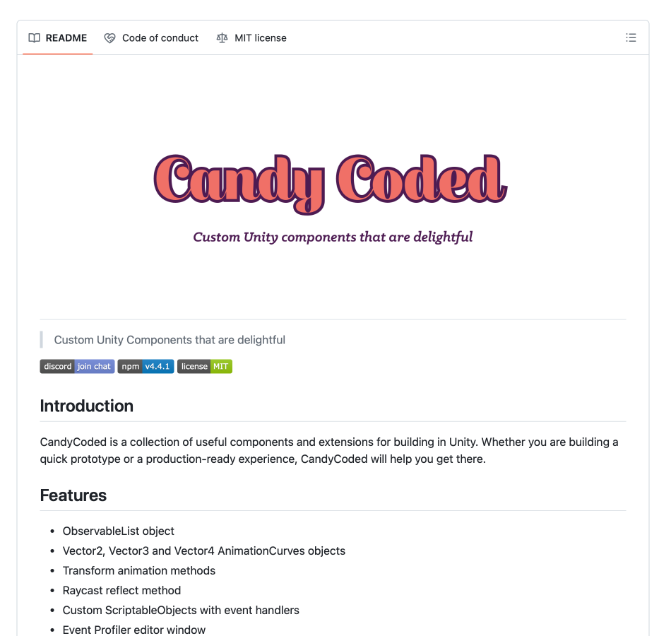 Screenshot of the README.md for the CandyCoded repo detailing the features included in the project.