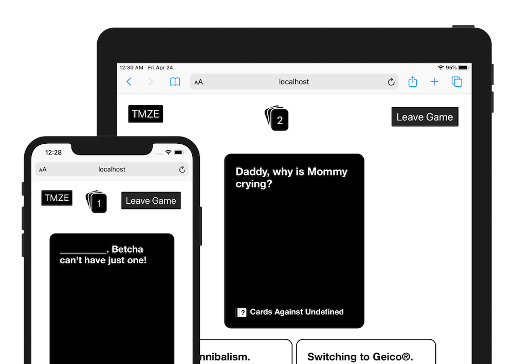 An iPad and an iPhone both playing Cards Against Undefined showing the user selecting a black card.