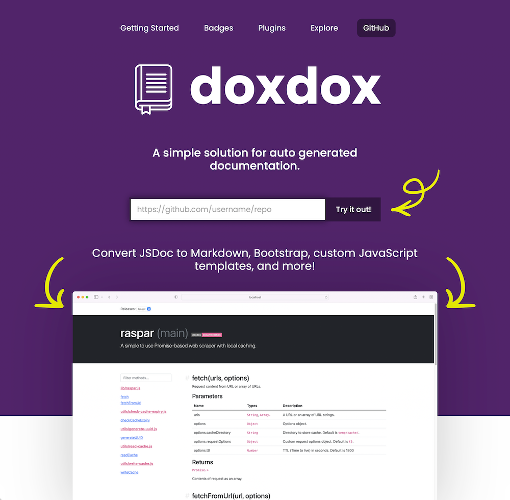 Screenshot of the doxdox.org landing page showing off examples of different output from doxdox.