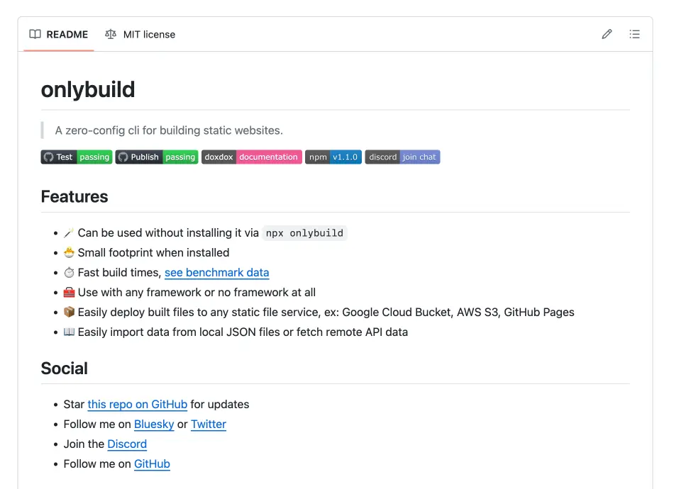Screenshot of the README.md for the onlybuild repo detailing the features included in the project.